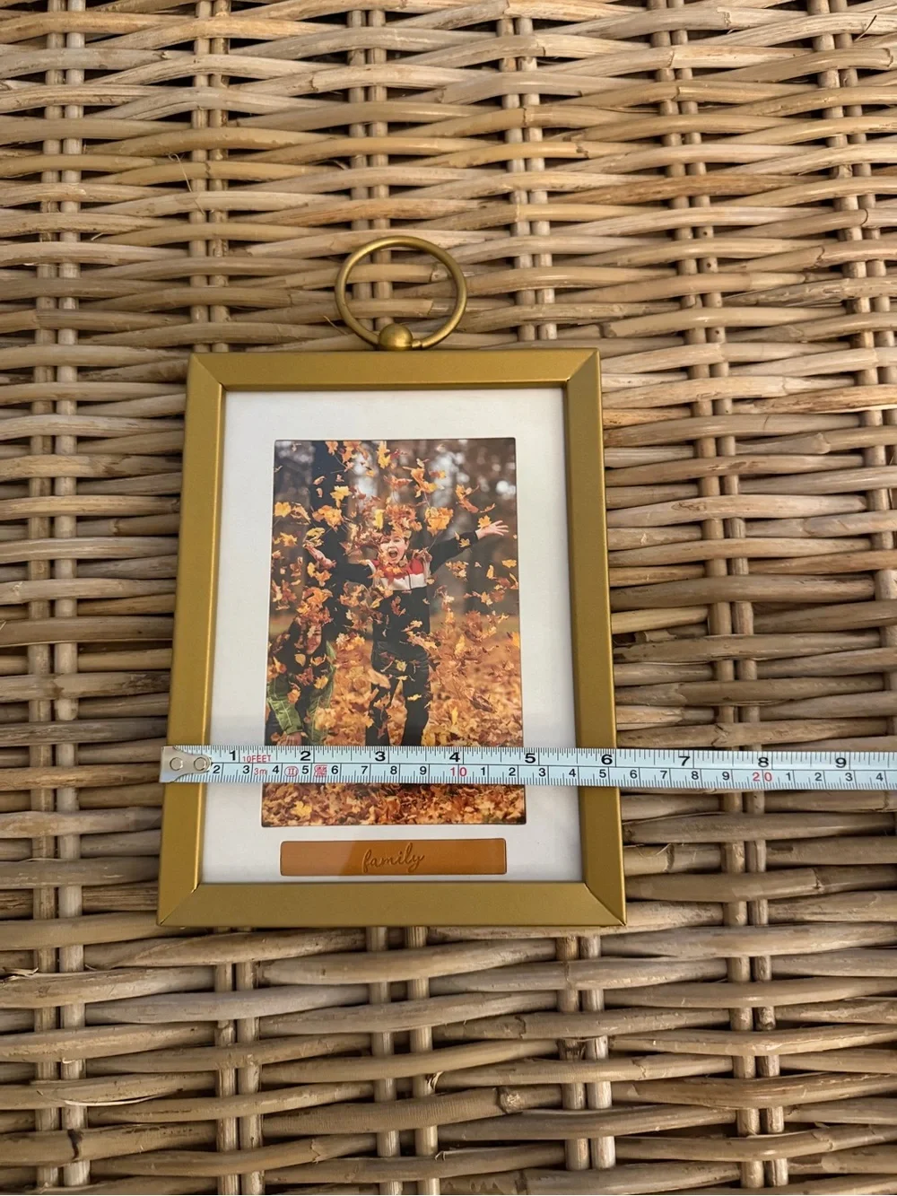 Gold Metal Picture Frame w Tan Lather 'Family' Tag - fits 3.5 x 5